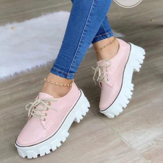 Women's Oxford Platform Shoes with Thick Heel - Available in Pink, Red, & Black
