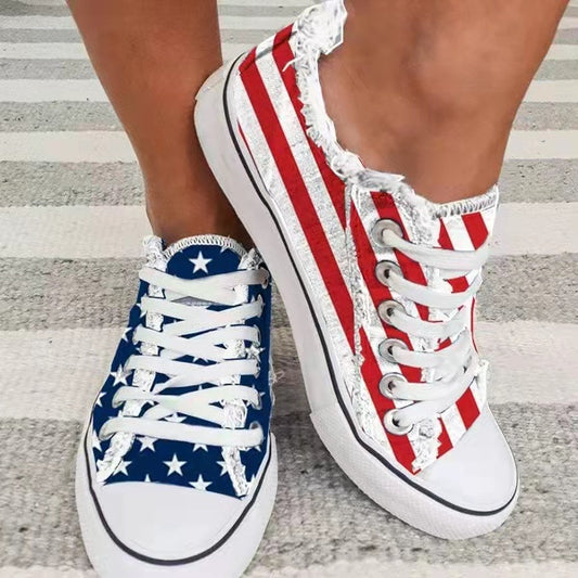 Women's Star-Striped Lace-Up Sneakers - Casual Round Toe Shoes for Everyday Wear