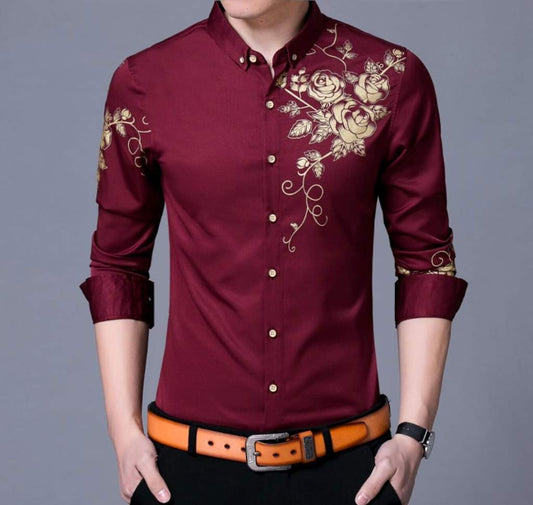 Men's Elegant Slim Fit Long Sleeve Shirt with Exclusive Floral Design