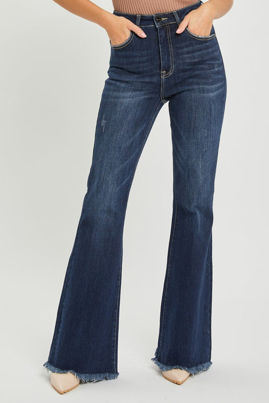 Risen Chic Elevation: Women's Wide Leg High Waist Raw Hem Flare Jeans
