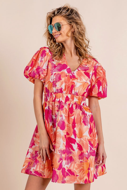Blossom Elegance Mini Dress by BiBi: Floral V-Neck with Puff Sleeves